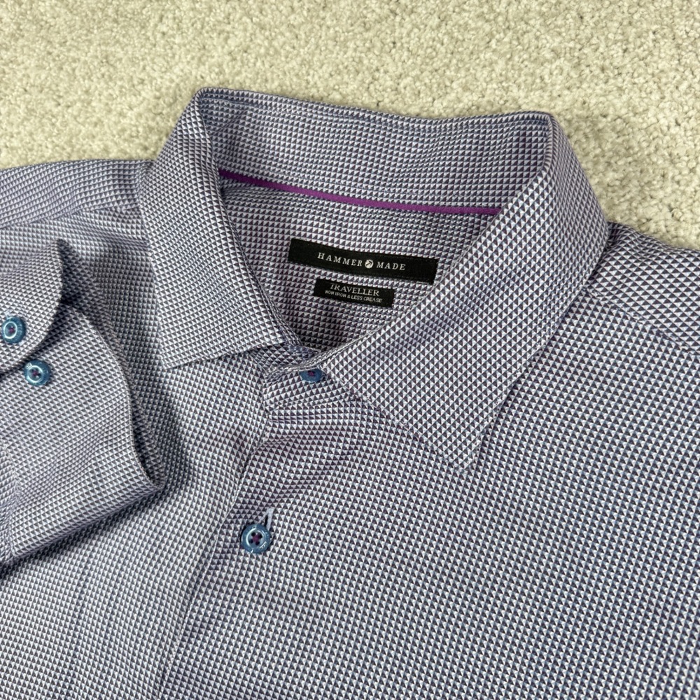 Hammer Made Dress Shirt Mens M-L 16 Purple Traveller Non-Iron Button Up